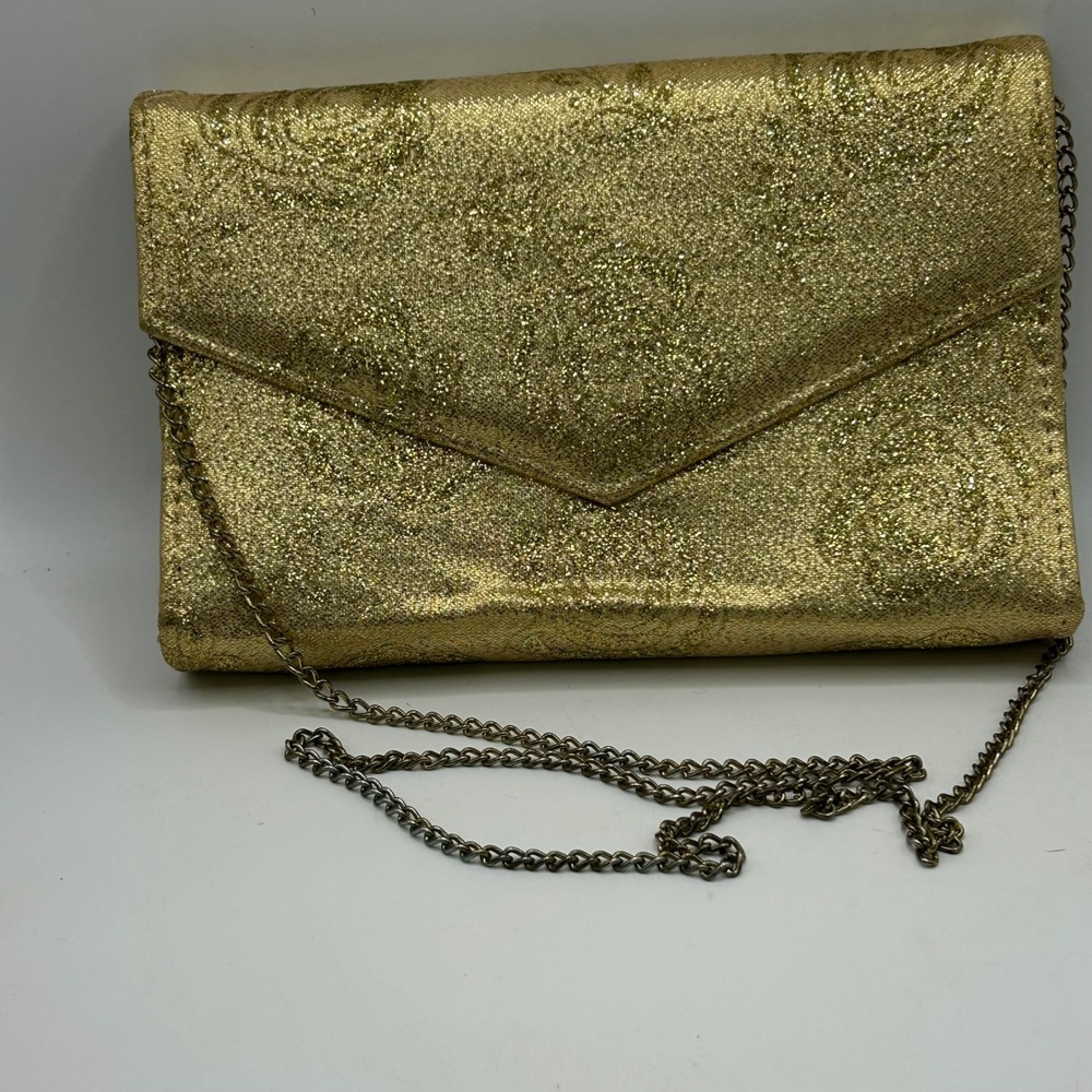 Gold Glitter Envelope Clutch Bag Metallic Shimmer Evening Purse with Chain Strap